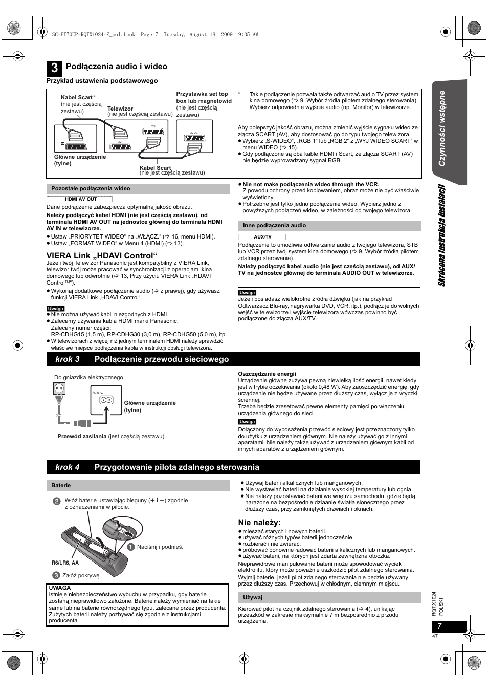 Sk rócona instruk cj a in stal acj i, Cz yn no ś ci ws tę pne, Viera link „hdavi control | Nie należy, Podłączenia audio i wideo, Krok 3 podłączenie przewodu sieciowego, Krok 4 przygotowanie pilota zdalnego sterowania | Panasonic SCPT70 User Manual | Page 47 / 82