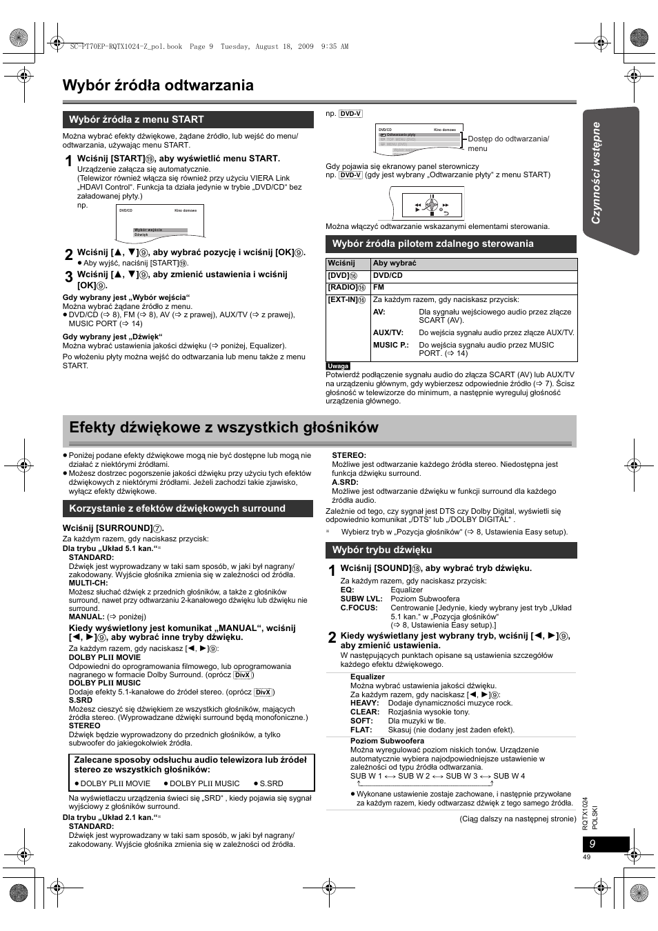 Wybór źródła odtwarzania, Efekty dźwiękowe z wszystkich głośników | Panasonic SCPT70 User Manual | Page 49 / 82