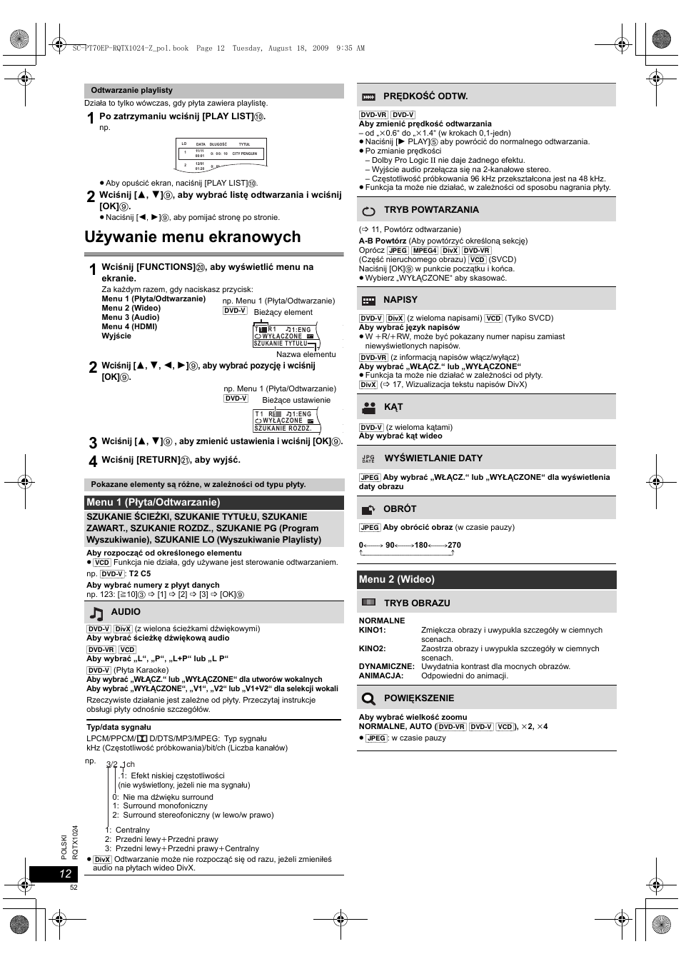 Używanie menu ekranowych | Panasonic SCPT70 User Manual | Page 52 / 82