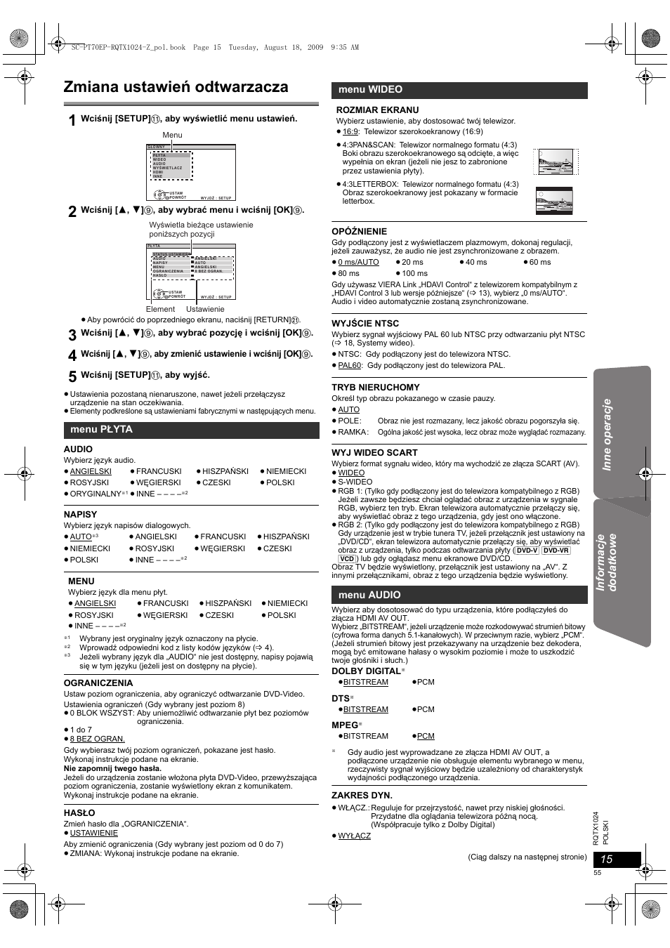 Zmiana ustawień odtwarzacza | Panasonic SCPT70 User Manual | Page 55 / 82