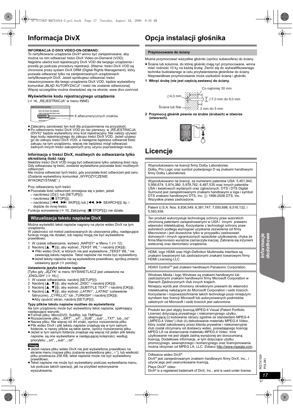 Informacja divx, Opcja instalacji głośnika, Licencje | Panasonic SCPT70 User Manual | Page 57 / 82