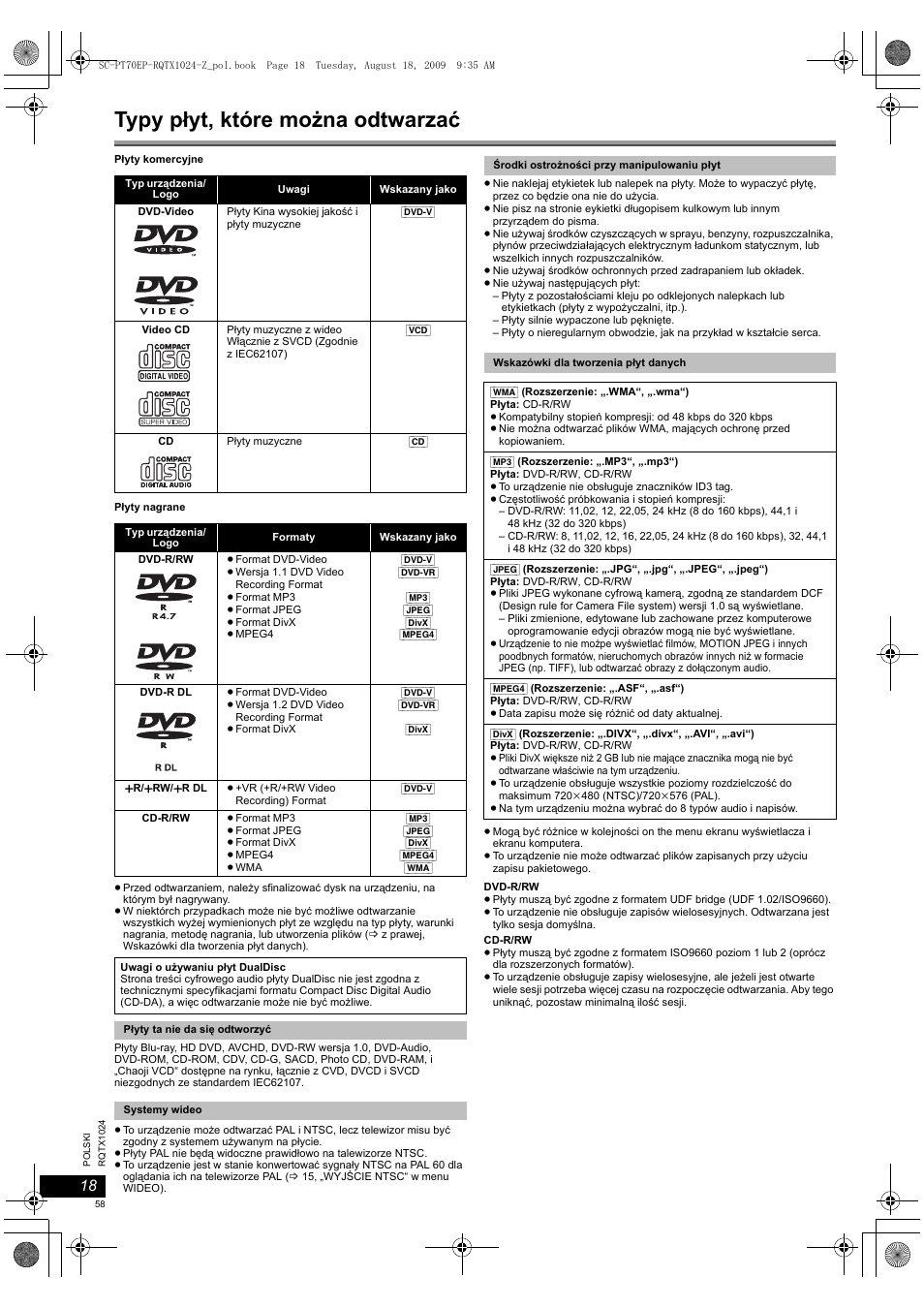 Typy płyt, które można odtwarzać | Panasonic SCPT70 User Manual | Page 58 / 82