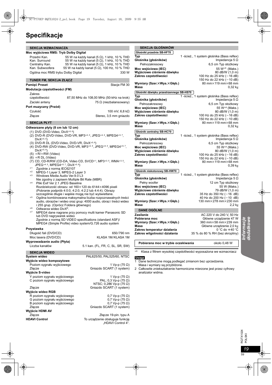 Specifikacje | Panasonic SCPT70 User Manual | Page 59 / 82