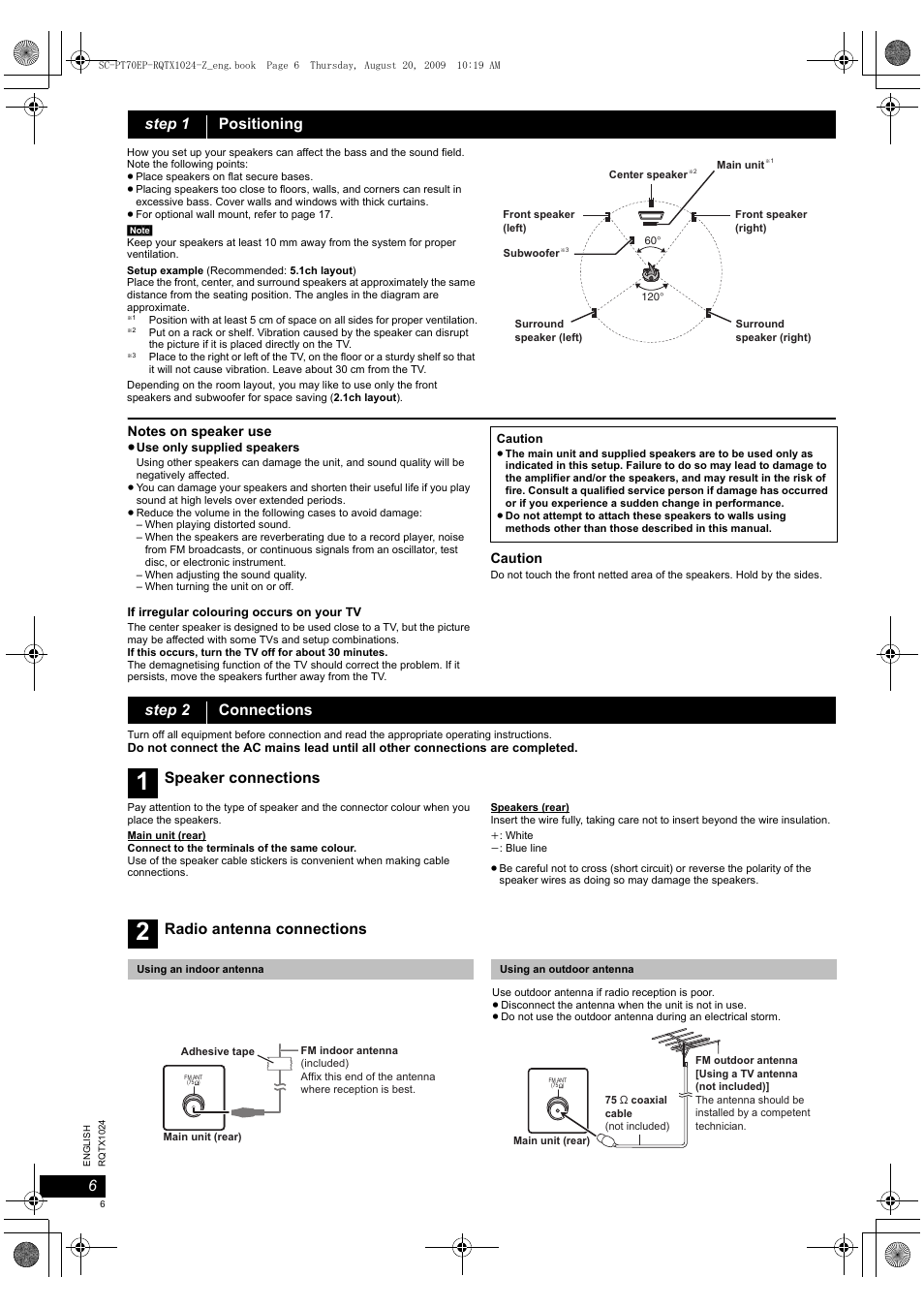 Step 1 positioning, Step 2 connections, Speaker connections | Radio antenna connections | Panasonic SCPT70 User Manual | Page 6 / 82