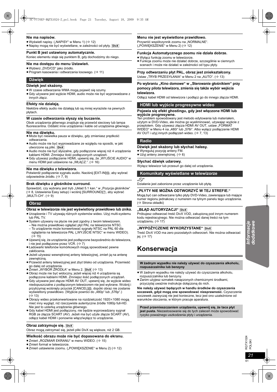 Konserwacja | Panasonic SCPT70 User Manual | Page 61 / 82