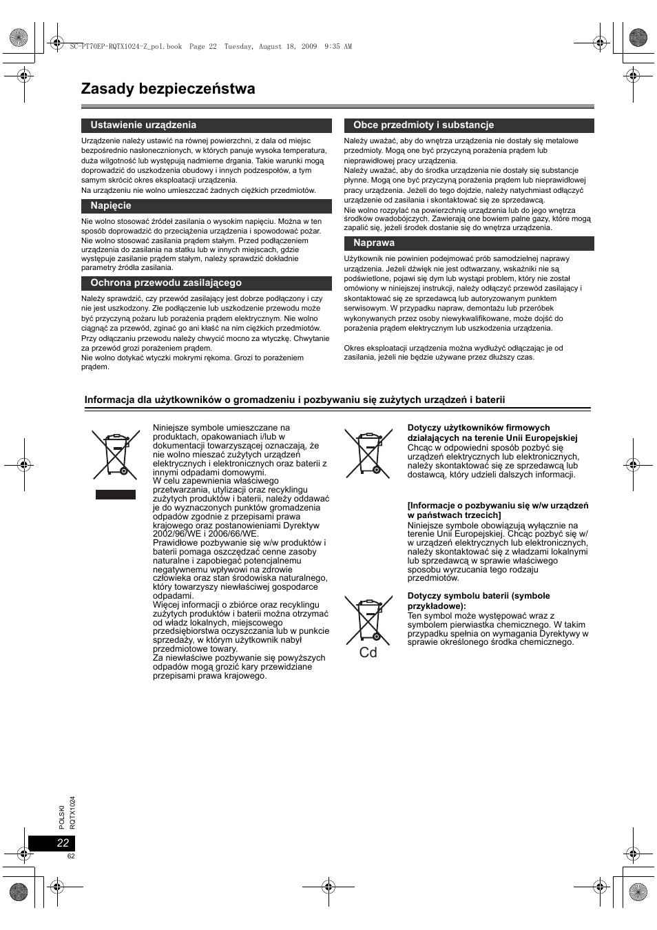 Zasady bezpieczeństwa | Panasonic SCPT70 User Manual | Page 62 / 82