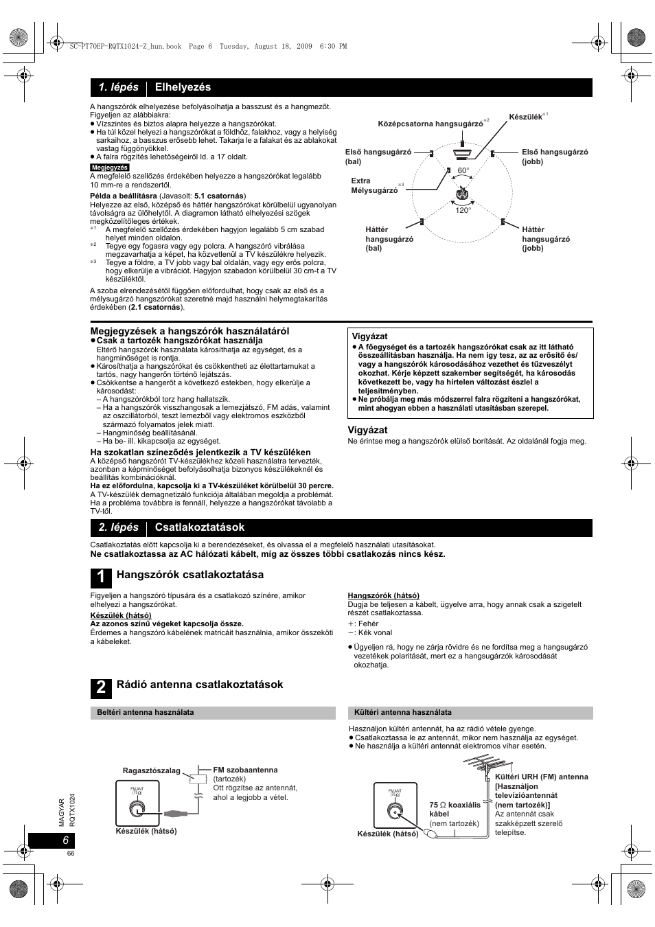 Lépés elhelyezés, Lépés csatlakoztatások, Hangszórók csatlakoztatása | Rádió antenna csatlakoztatások | Panasonic SCPT70 User Manual | Page 66 / 82