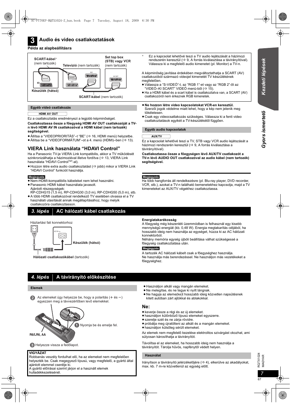 Ke zd et i lépé sek gyors ismertet ő, Viera link használata “hdavi control, Audio és video csatlakoztatások | Lépés ac hálózati kábel csatlakozás, Lépés a távirányító előkészítése | Panasonic SCPT70 User Manual | Page 67 / 82