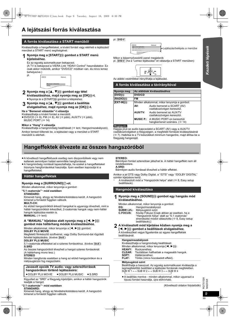 A lejátszási forrás kiválasztása, Hangeffektek élvezete az összes hangszóróból | Panasonic SCPT70 User Manual | Page 69 / 82