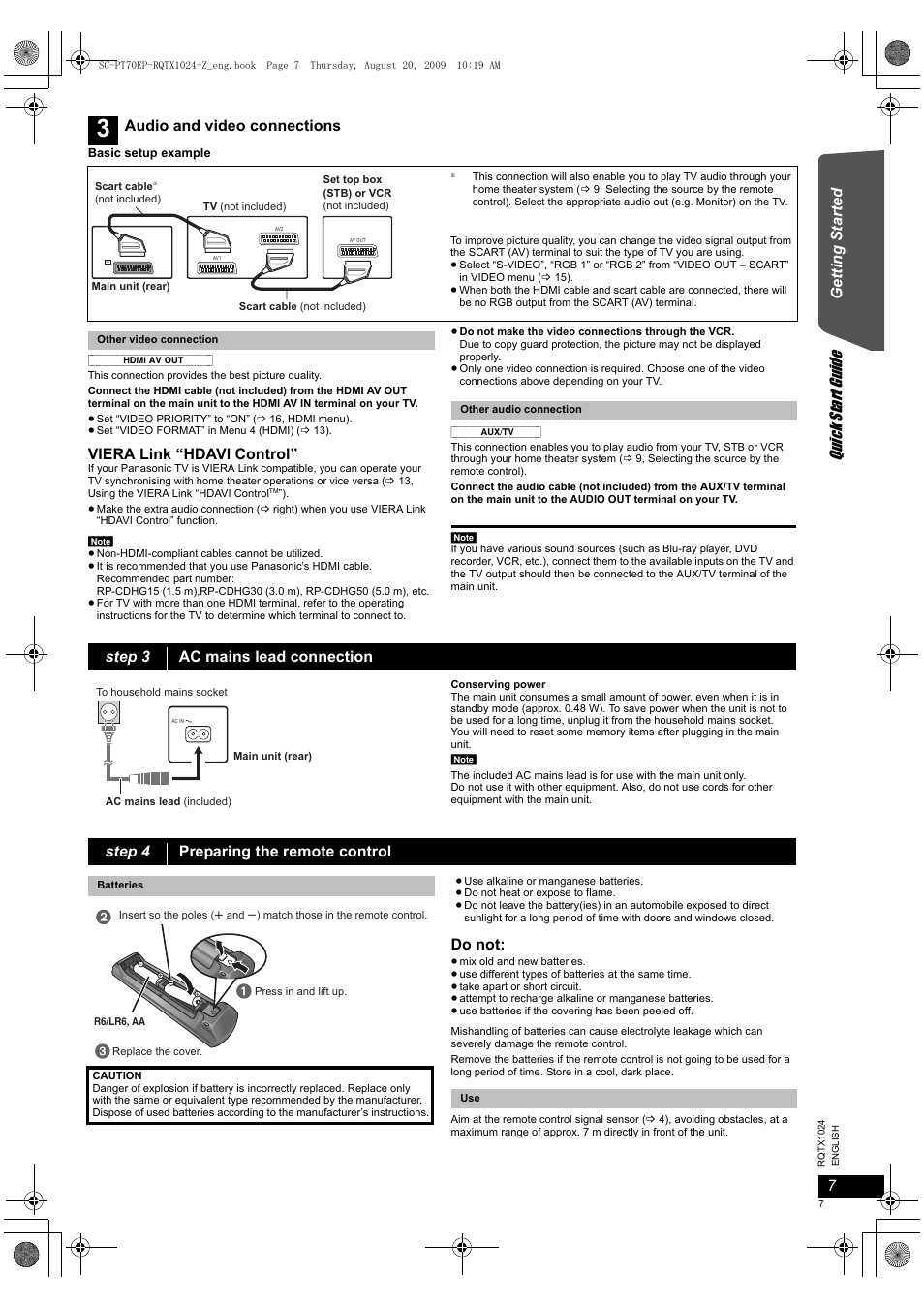 Quick start gu ide, Getting s tarted, Viera link “hdavi control | Do not, Audio and video connections, Step 3 ac mains lead connection, Step 4 preparing the remote control | Panasonic SCPT70 User Manual | Page 7 / 82