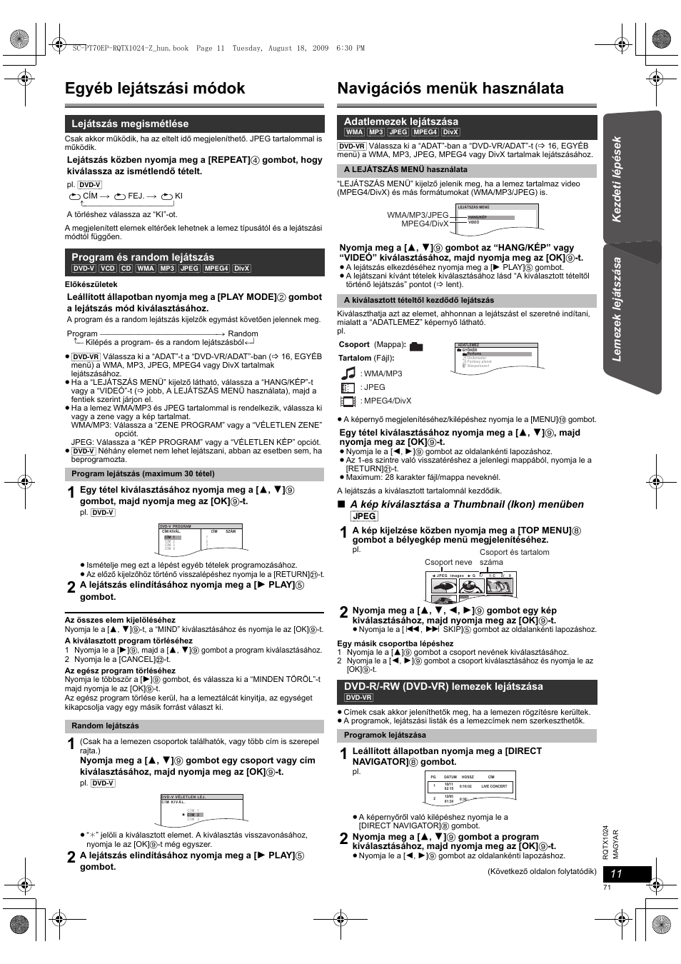 Egyéb lejátszási módok, Navigációs menük használata | Panasonic SCPT70 User Manual | Page 71 / 82
