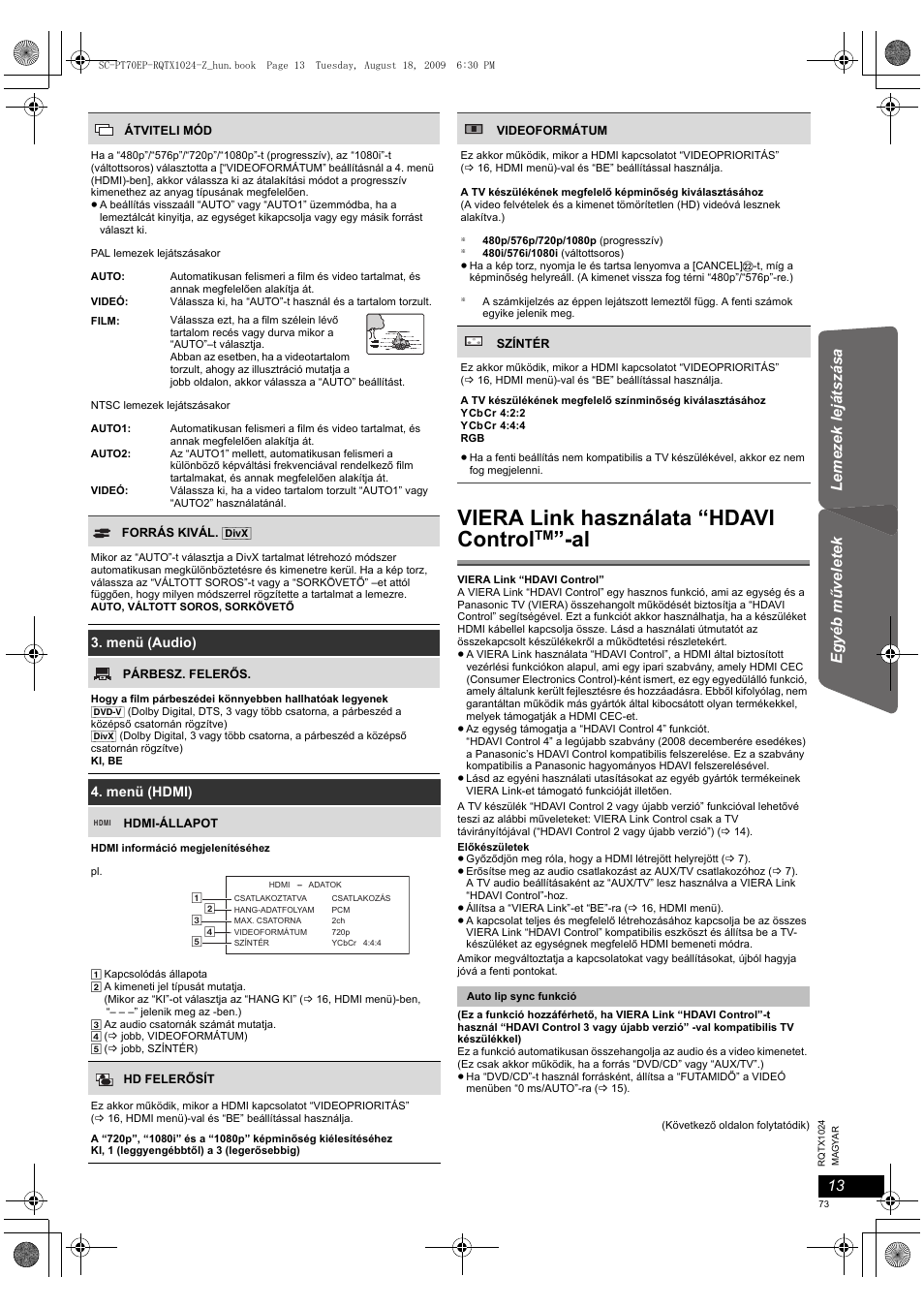 Viera link használata “hdavi control | Panasonic SCPT70 User Manual | Page 73 / 82