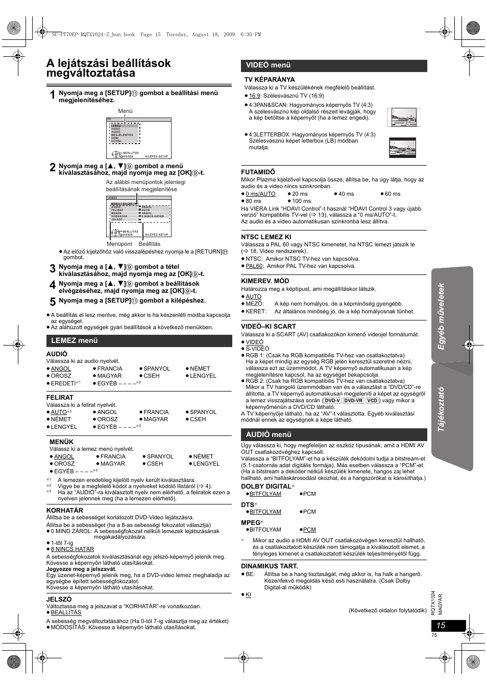 A lejátszási beállítások megváltoztatása | Panasonic SCPT70 User Manual | Page 75 / 82