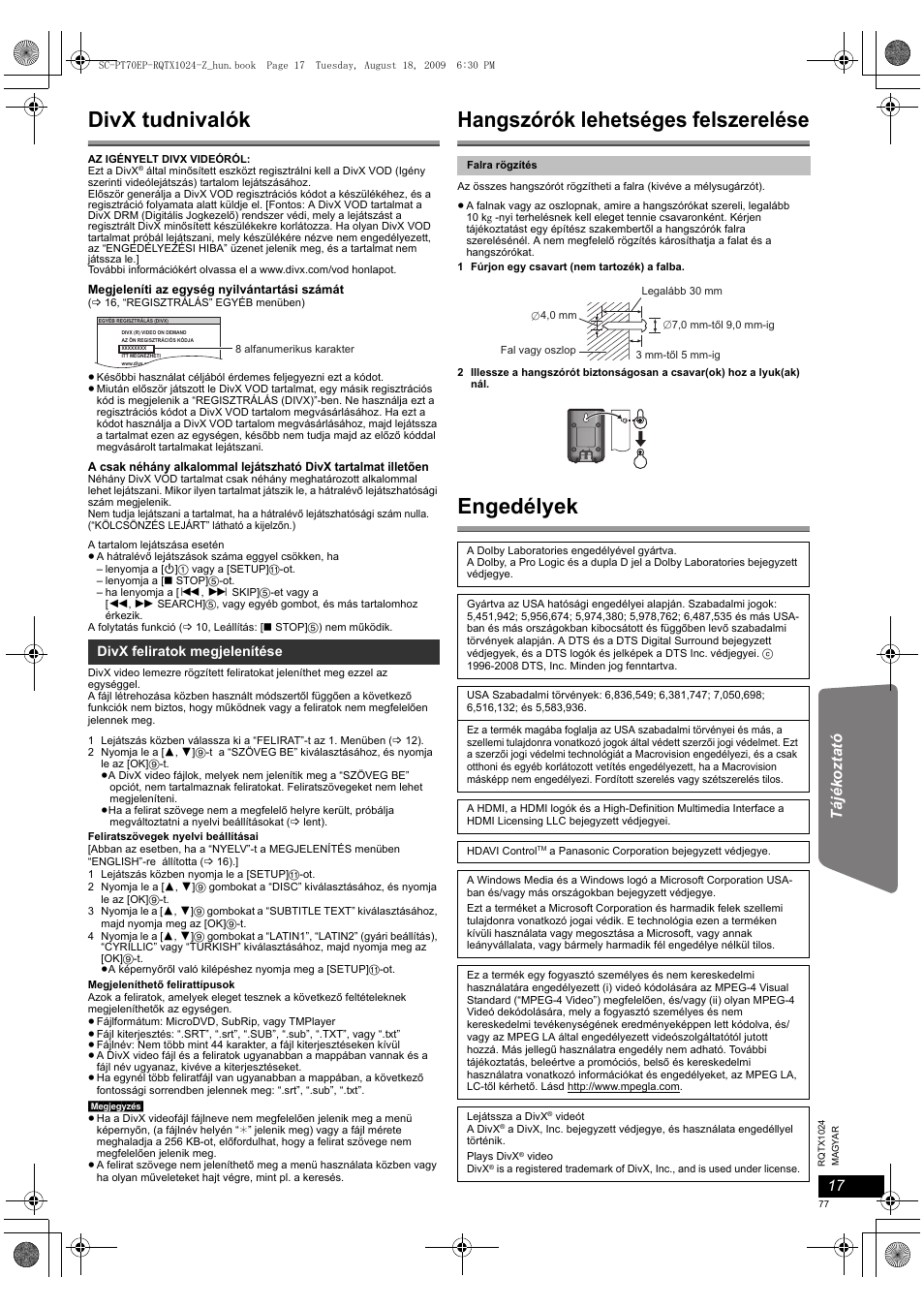 Divx tudnivalók, Hangszórók lehetséges felszerelése, Engedélyek | Panasonic SCPT70 User Manual | Page 77 / 82