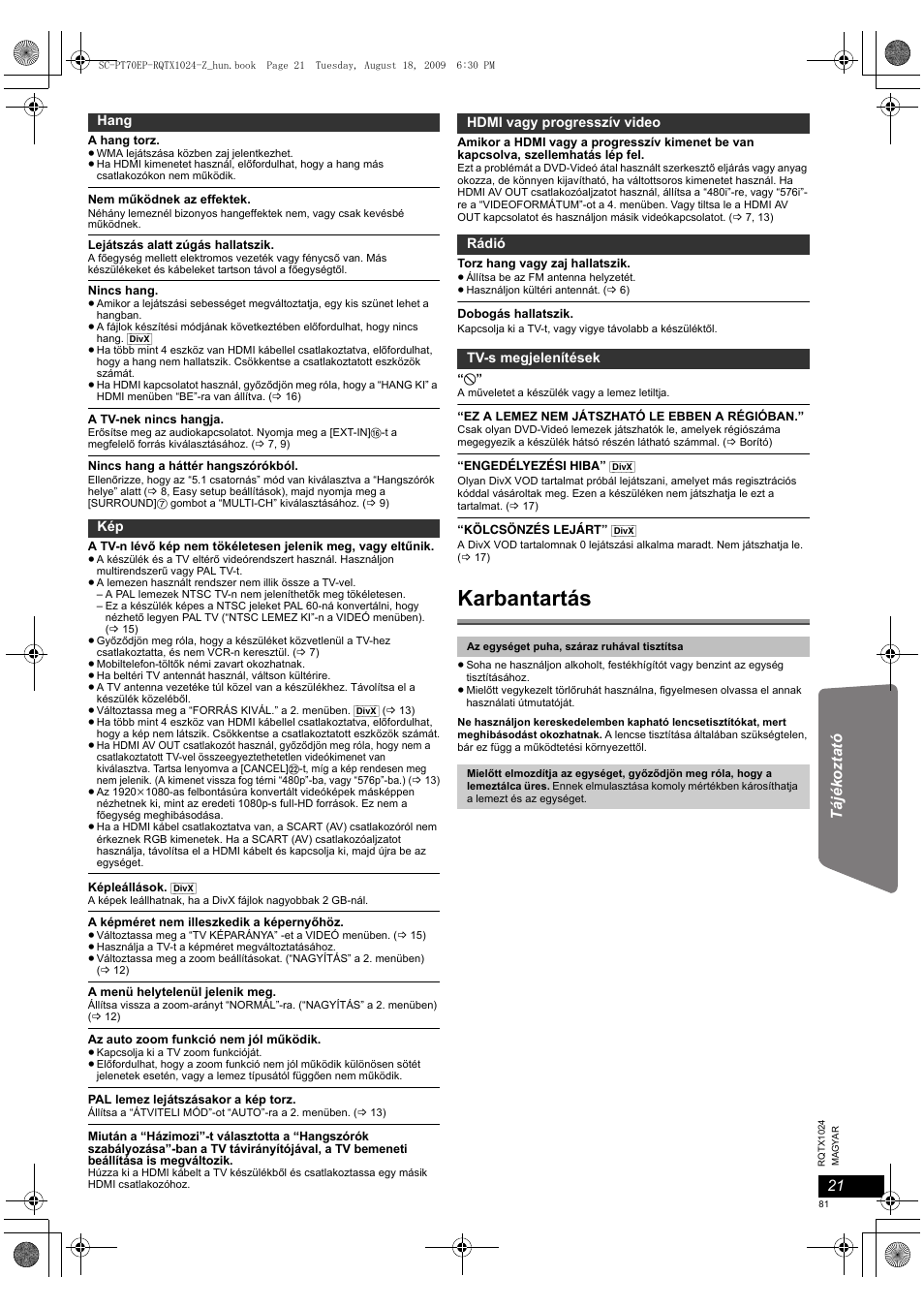 Karbantartás | Panasonic SCPT70 User Manual | Page 81 / 82