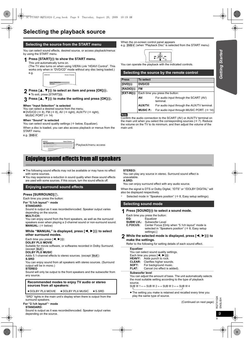 Selecting the playback source, Enjoying sound effects from all speakers | Panasonic SCPT70 User Manual | Page 9 / 82