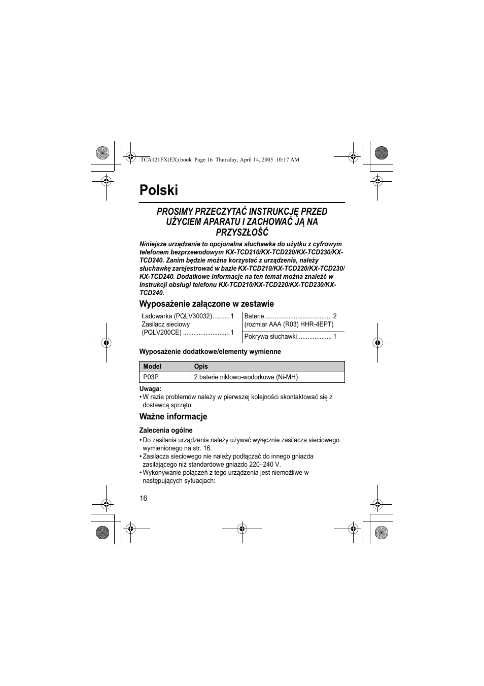 Polski | Panasonic KXTCA121FX User Manual | Page 16 / 32