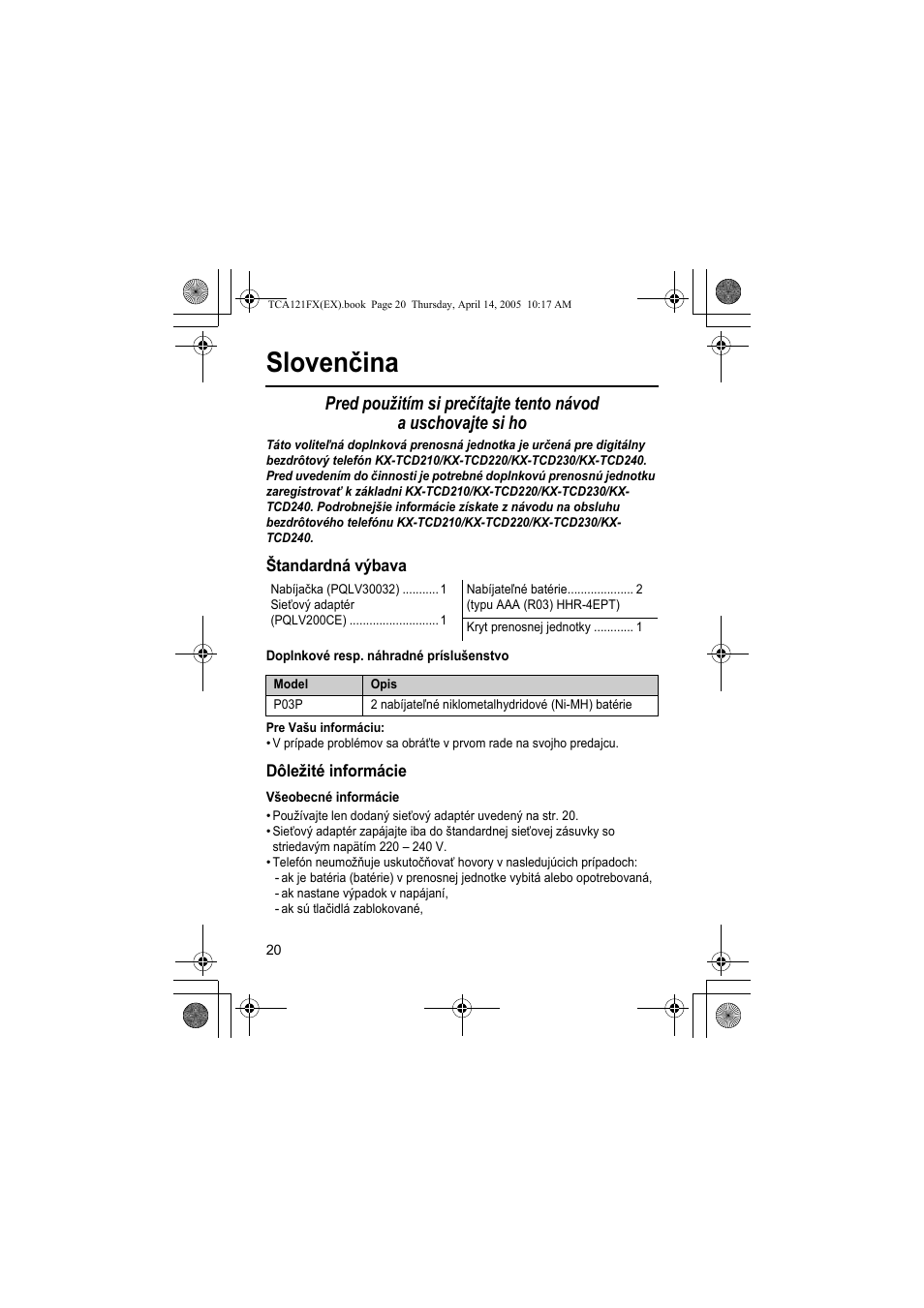 Slovenčina | Panasonic KXTCA121FX User Manual | Page 20 / 32