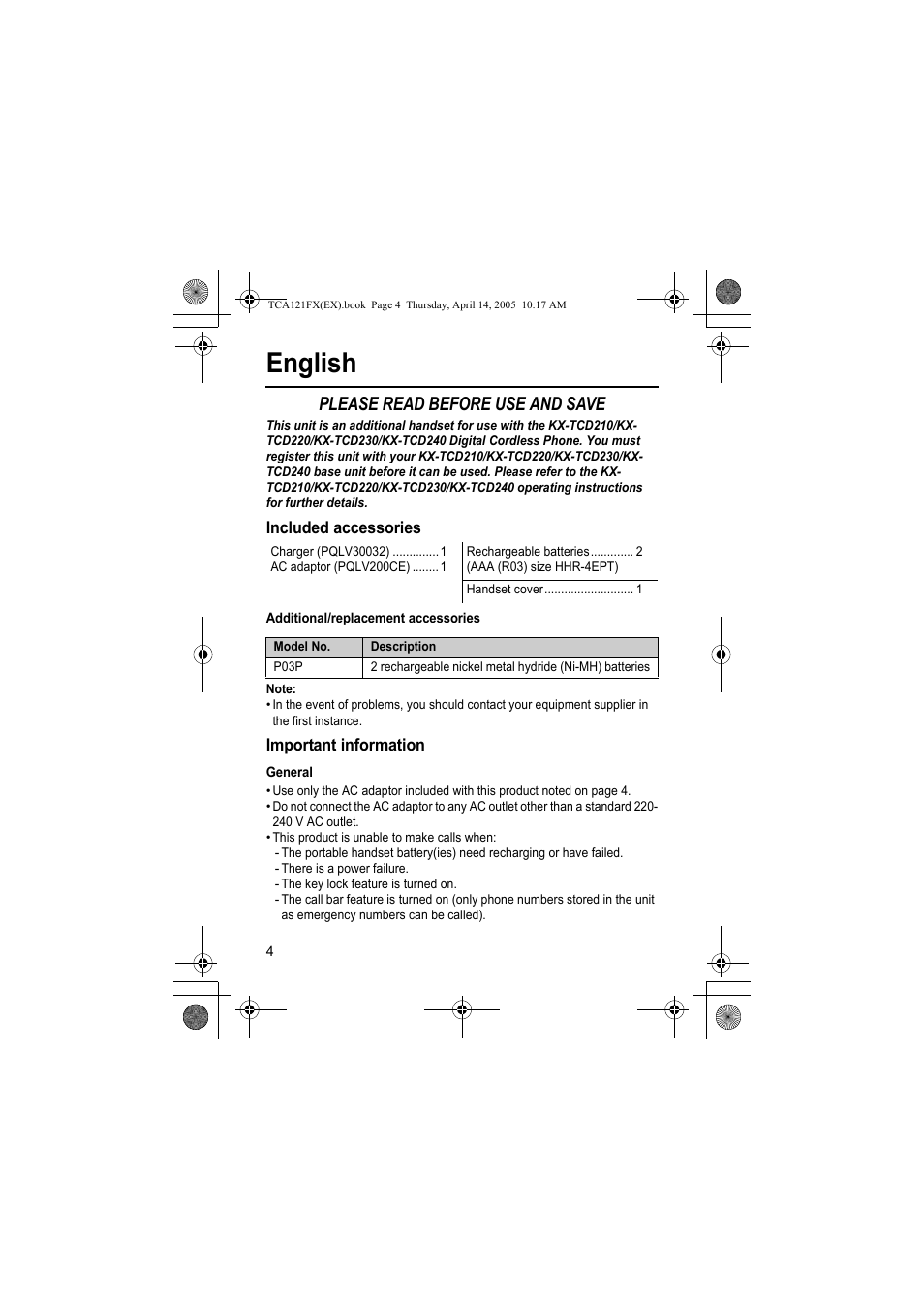 English, Please read before use and save | Panasonic KXTCA121FX User Manual | Page 4 / 32