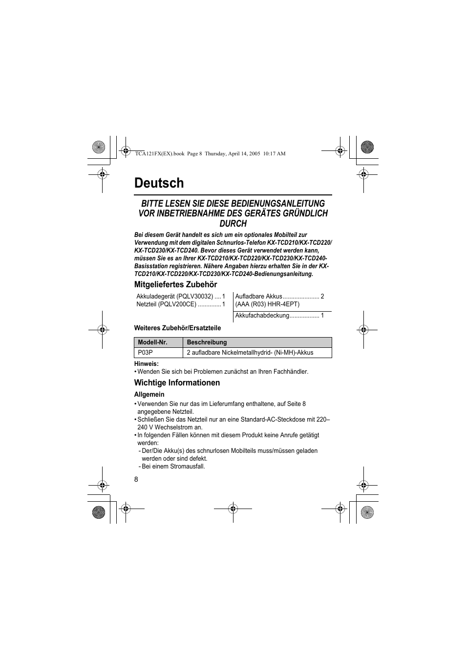 Deutsch | Panasonic KXTCA121FX User Manual | Page 8 / 32