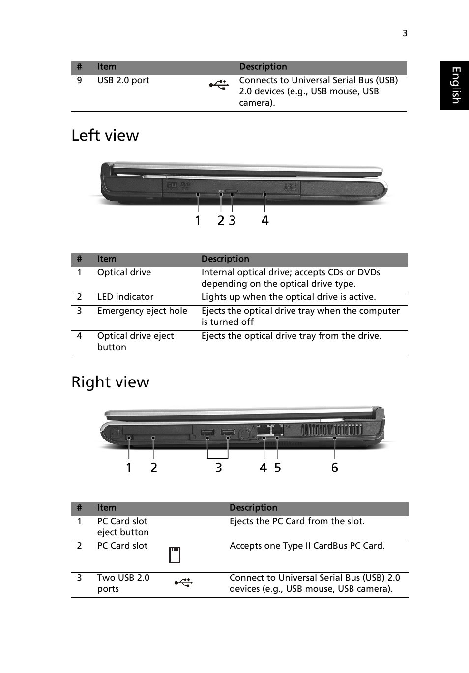 Left view, Right view, Left view right view | Acer Aspire 3500 User Manual | Page 11 / 84