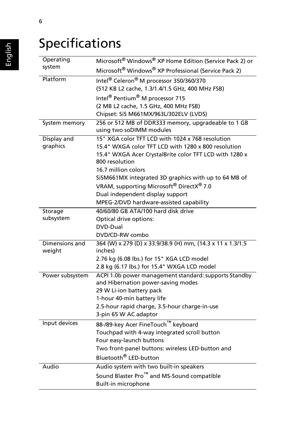 Specifications, English | Acer Aspire 3500 User Manual | Page 14 / 84