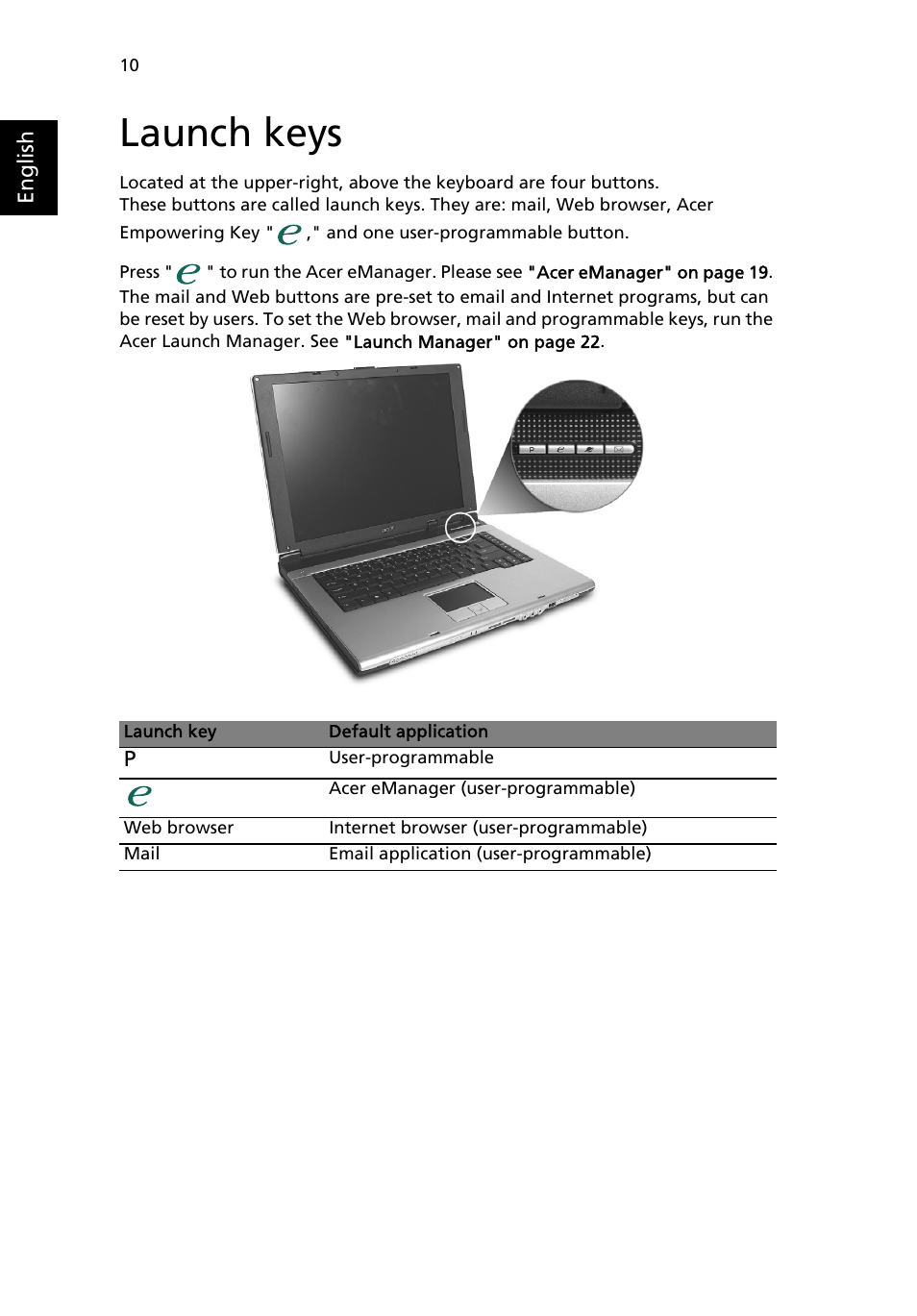 Launch keys | Acer Aspire 3500 User Manual | Page 18 / 84