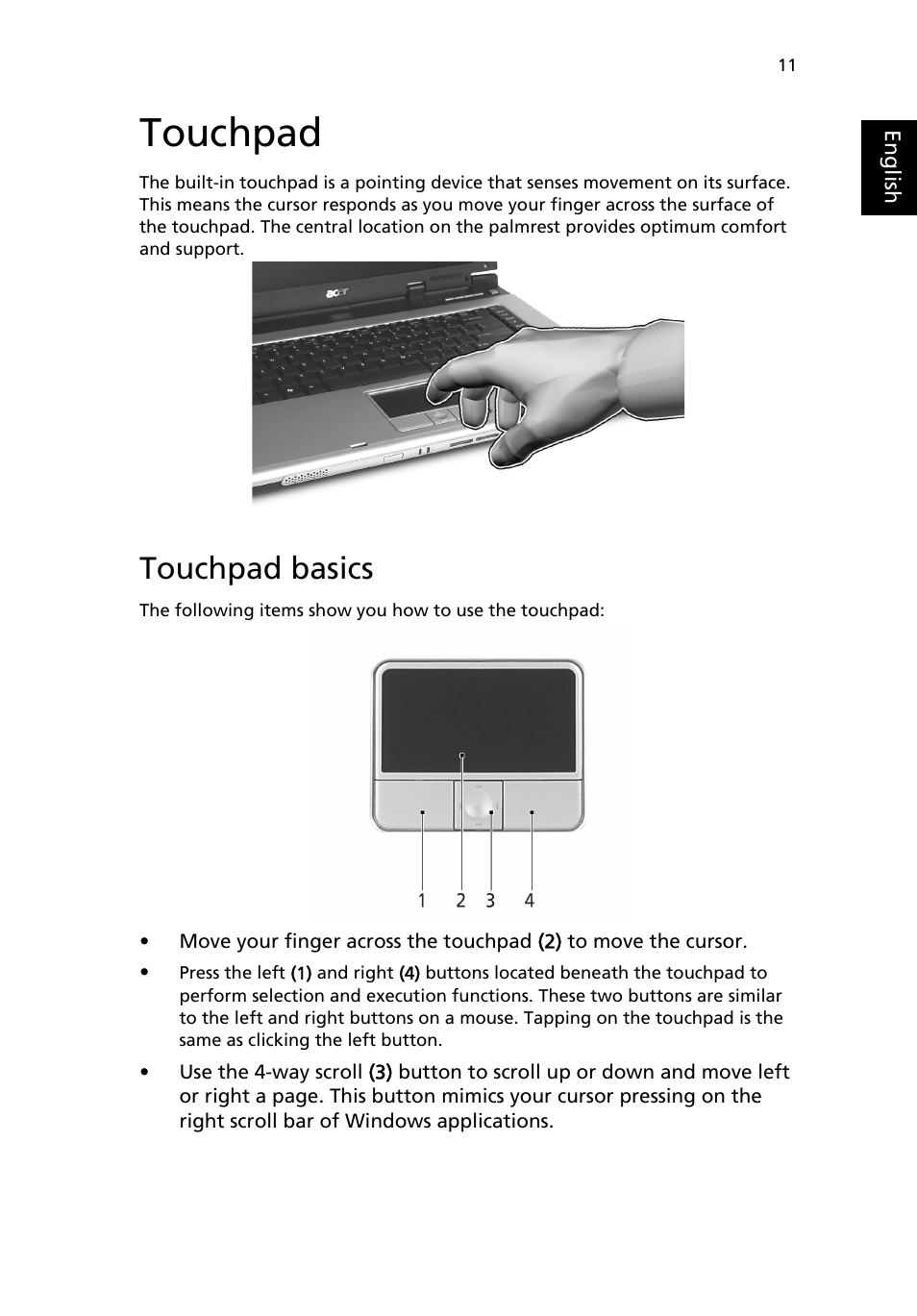 Touchpad, Touchpad basics | Acer Aspire 3500 User Manual | Page 19 / 84