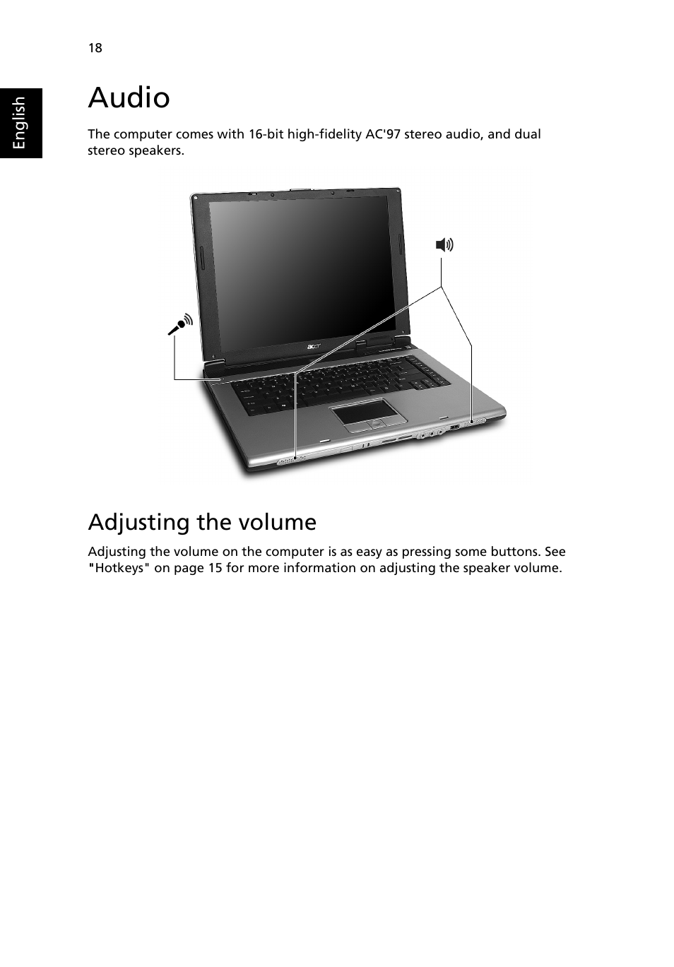 Audio, Adjusting the volume | Acer Aspire 3500 User Manual | Page 26 / 84