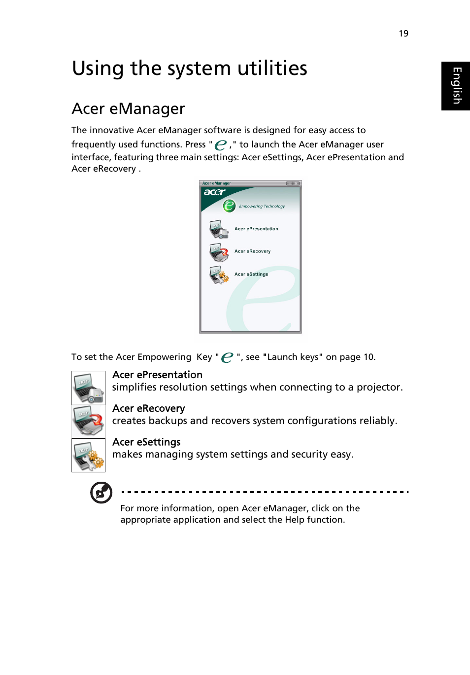 Using the system utilities, Acer emanager | Acer Aspire 3500 User Manual | Page 27 / 84