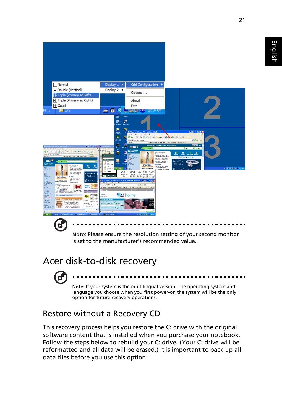 Acer disk-to-disk recovery, Restore without a recovery cd | Acer Aspire 3500 User Manual | Page 29 / 84