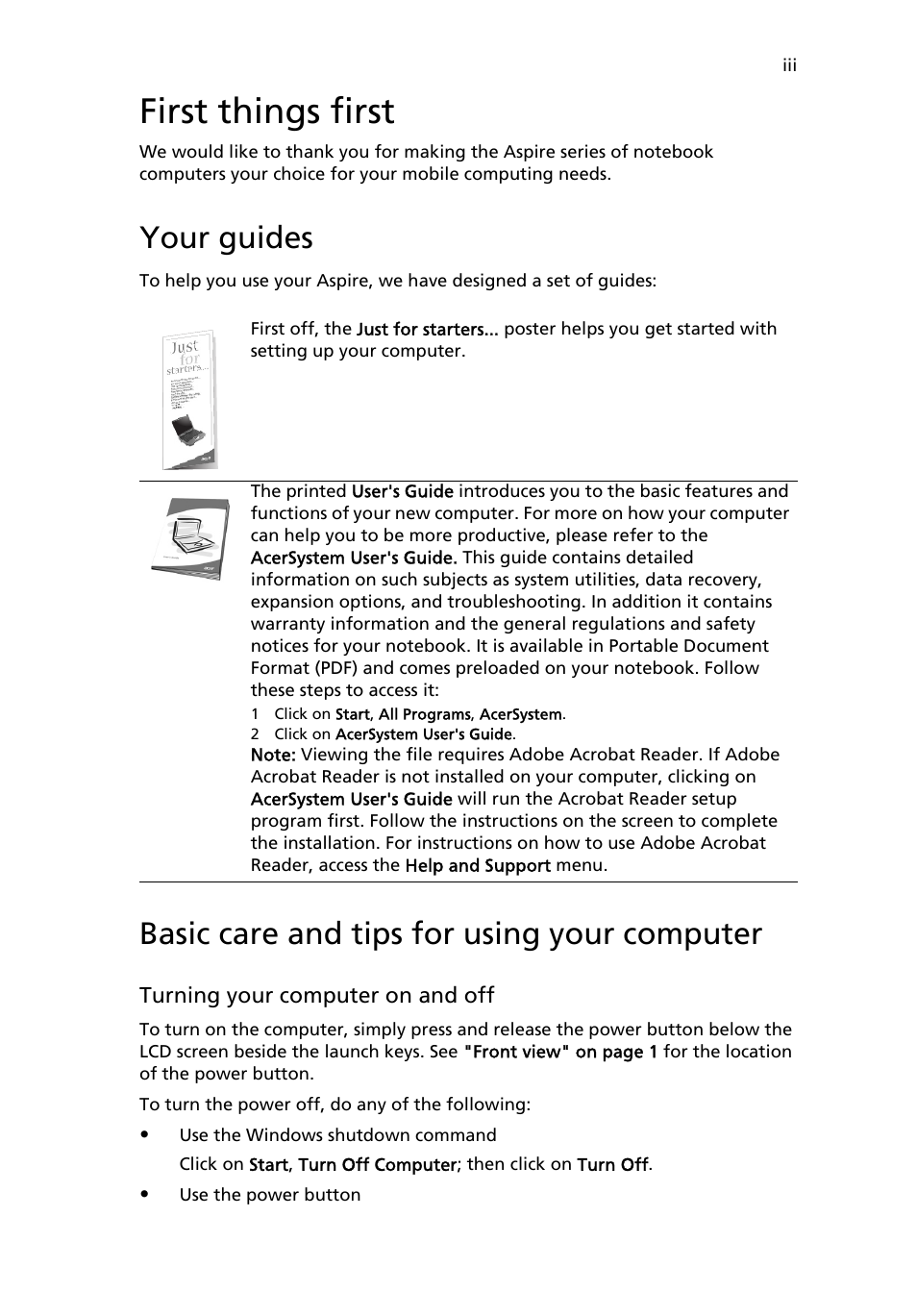 First things first, Your guides, Basic care and tips for using your computer | Acer Aspire 3500 User Manual | Page 3 / 84