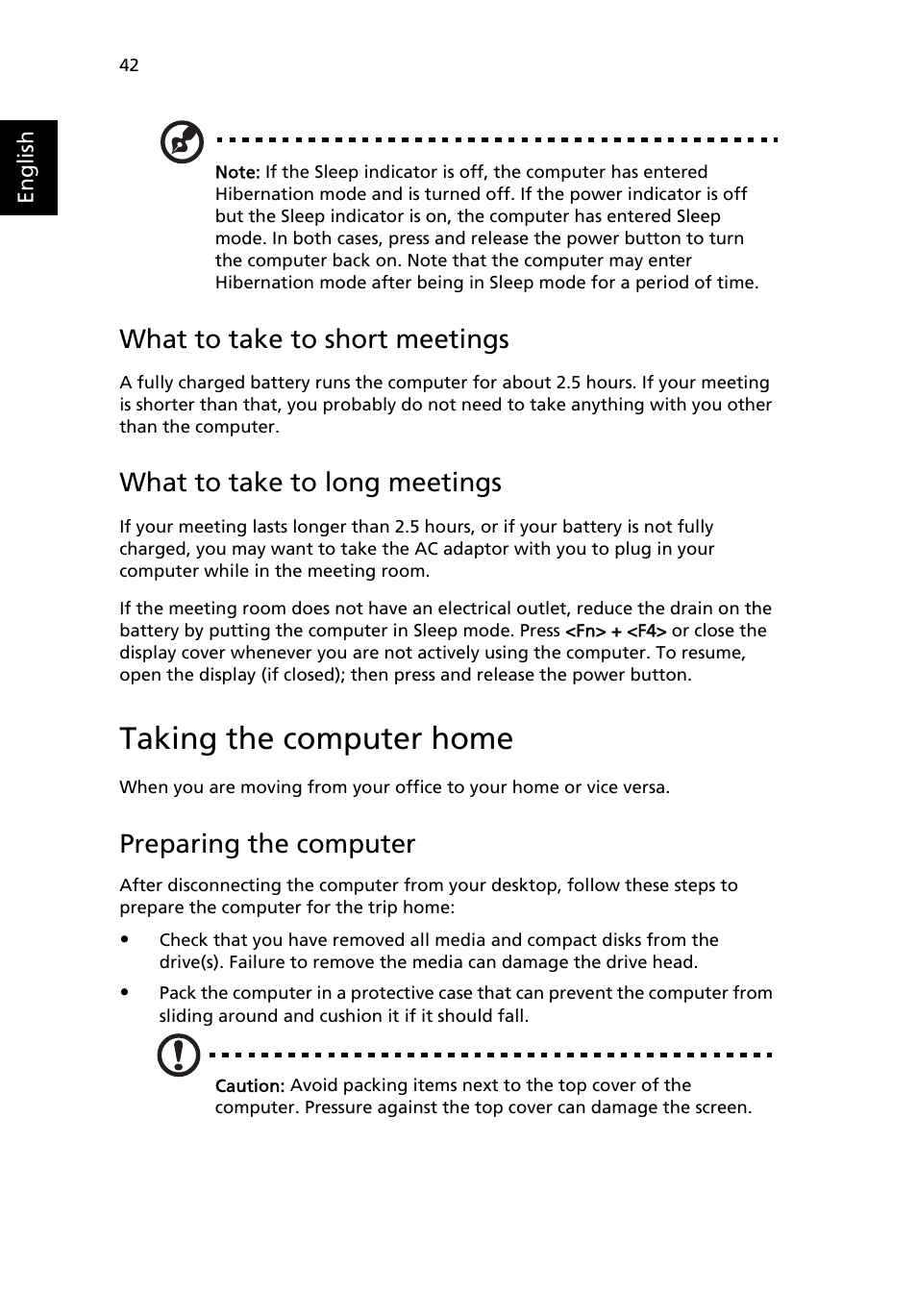 Taking the computer home, What to take to short meetings, What to take to long meetings | Preparing the computer | Acer Aspire 3500 User Manual | Page 50 / 84