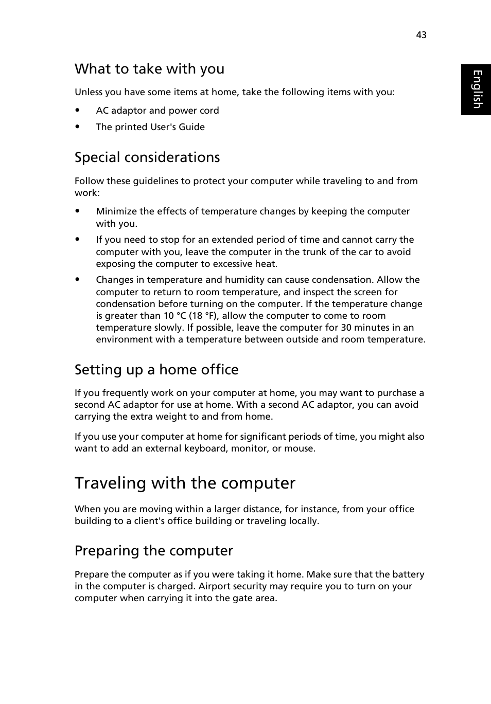 Traveling with the computer, What to take with you, Special considerations | Setting up a home office, Preparing the computer | Acer Aspire 3500 User Manual | Page 51 / 84