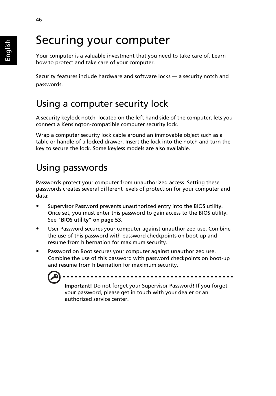 Securing your computer, Using a computer security lock, Using passwords | Acer Aspire 3500 User Manual | Page 54 / 84