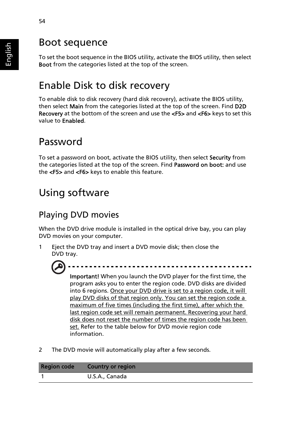 Using software, Boot sequence, Enable disk to disk recovery | Password, Playing dvd movies | Acer Aspire 3500 User Manual | Page 62 / 84