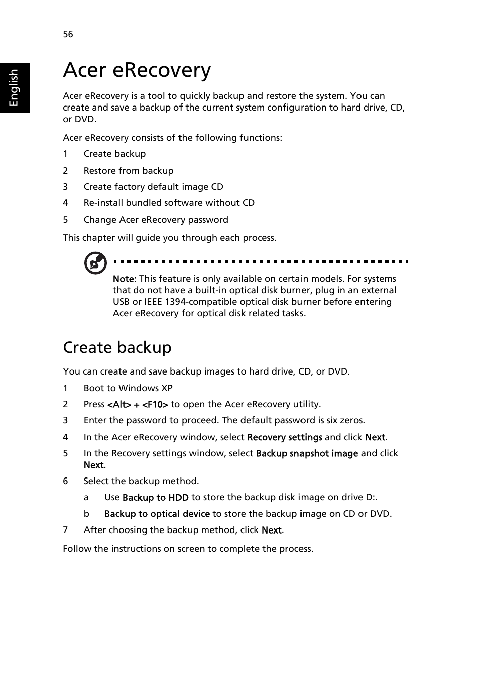 Acer erecovery, Create backup | Acer Aspire 3500 User Manual | Page 64 / 84