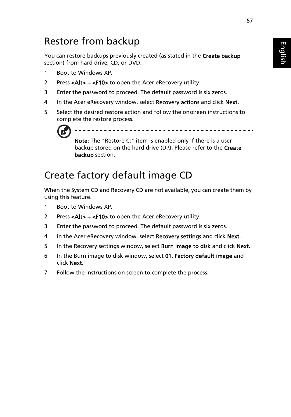 Restore from backup, Create factory default image cd | Acer Aspire 3500 User Manual | Page 65 / 84