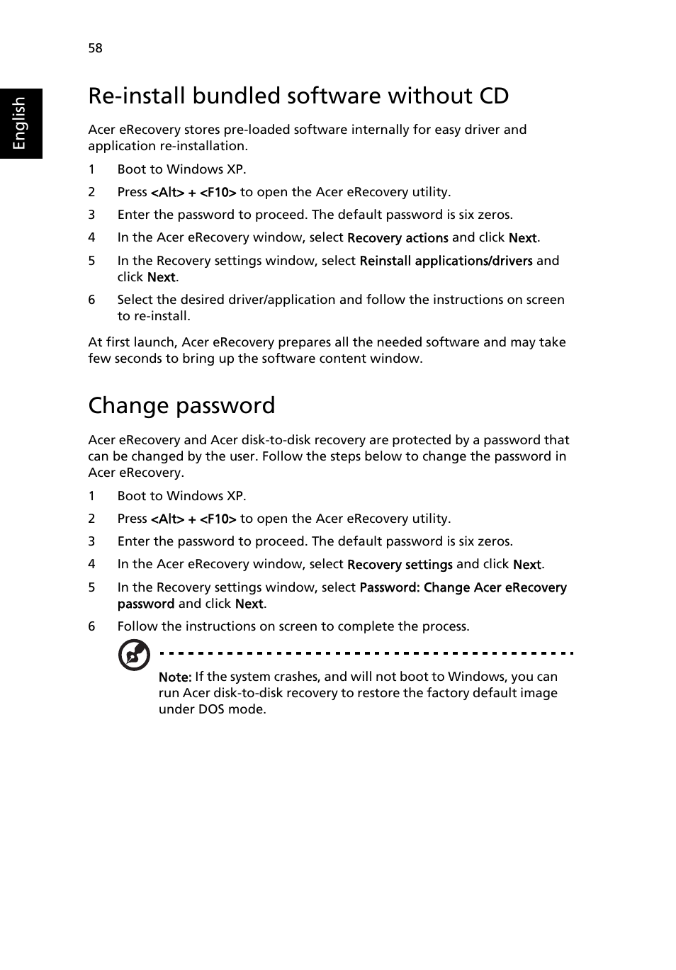 Re-install bundled software without cd, Change password | Acer Aspire 3500 User Manual | Page 66 / 84