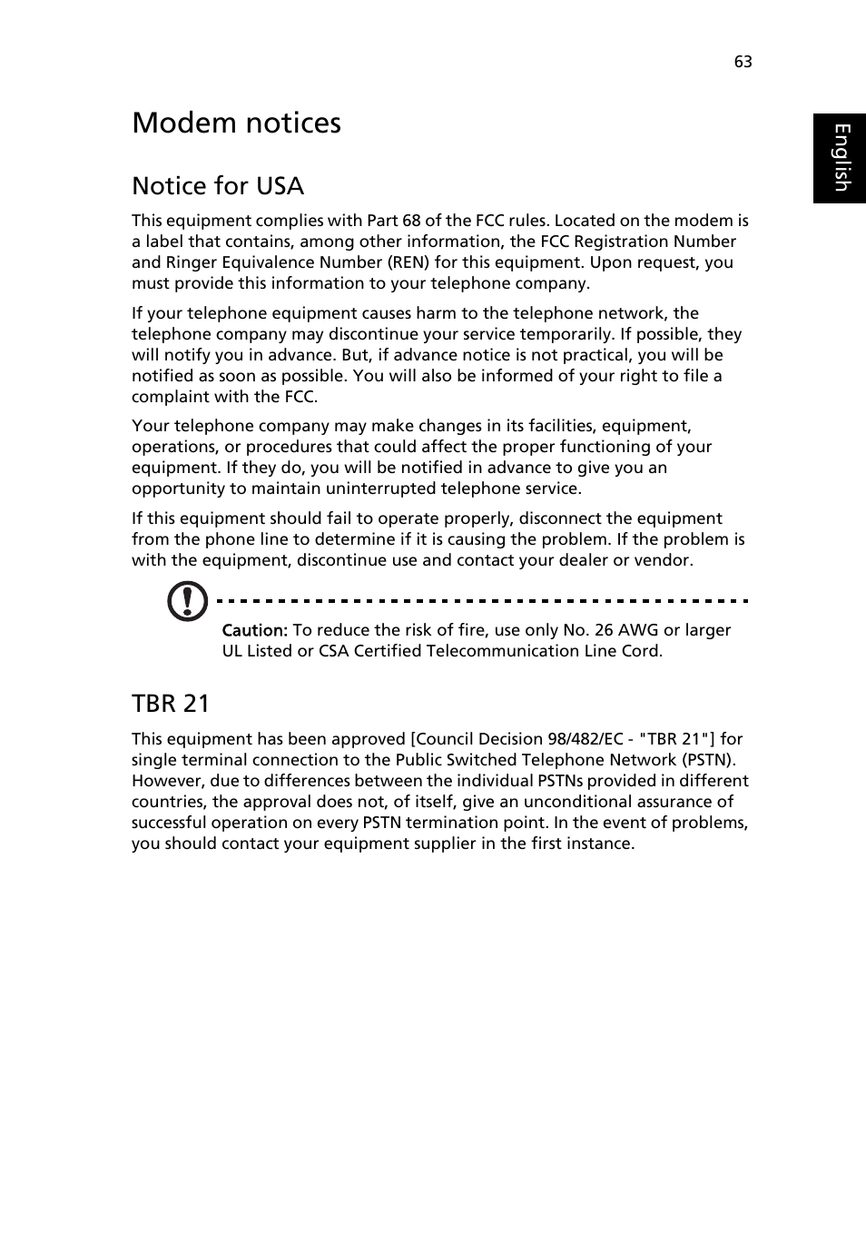 Modem notices, Notice for usa, Tbr 21 | Acer Aspire 3500 User Manual | Page 71 / 84