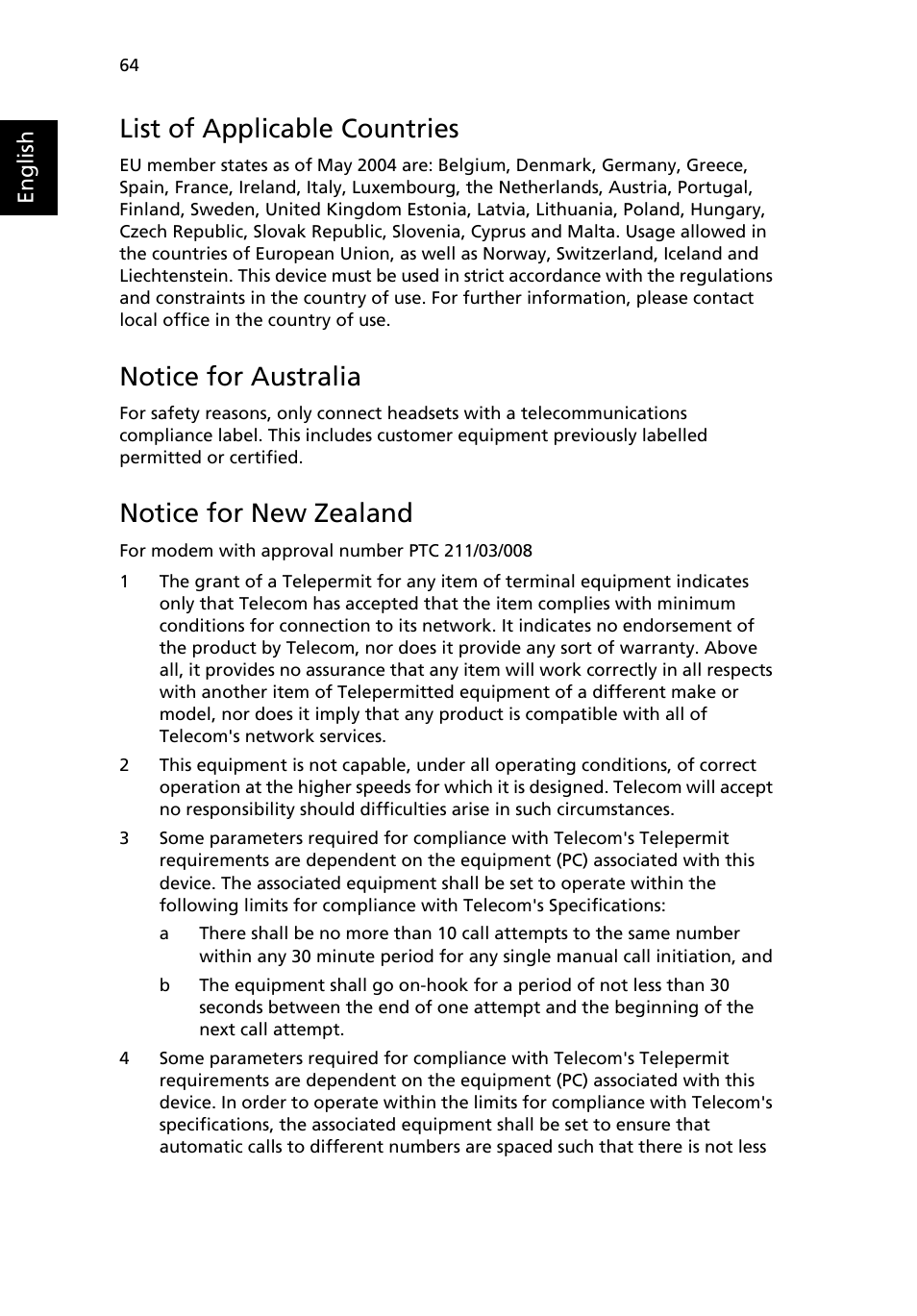 List of applicable countries, Notice for australia, Notice for new zealand | Acer Aspire 3500 User Manual | Page 72 / 84