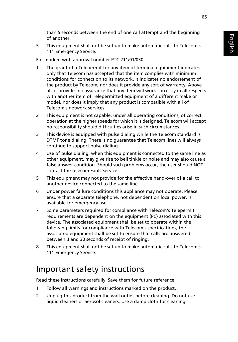 Important safety instructions | Acer Aspire 3500 User Manual | Page 73 / 84
