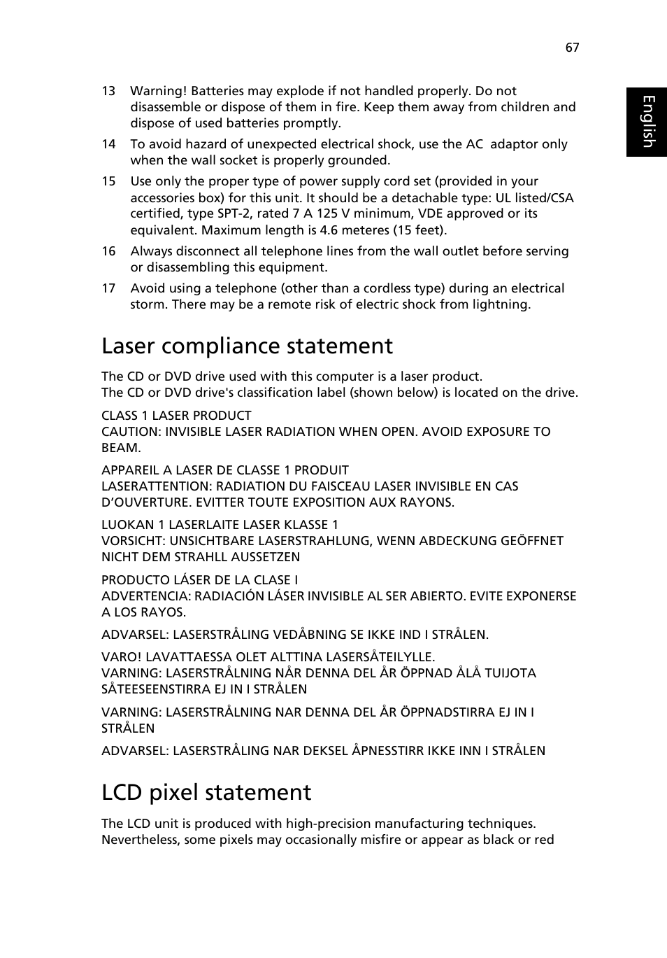 Laser compliance statement, Lcd pixel statement | Acer Aspire 3500 User Manual | Page 75 / 84
