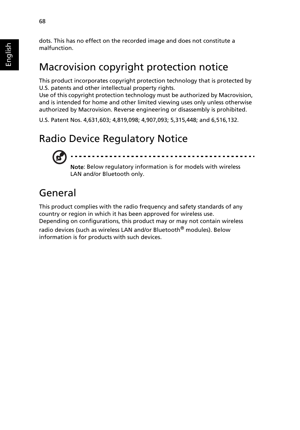 Macrovision copyright protection notice, Radio device regulatory notice, General | Acer Aspire 3500 User Manual | Page 76 / 84