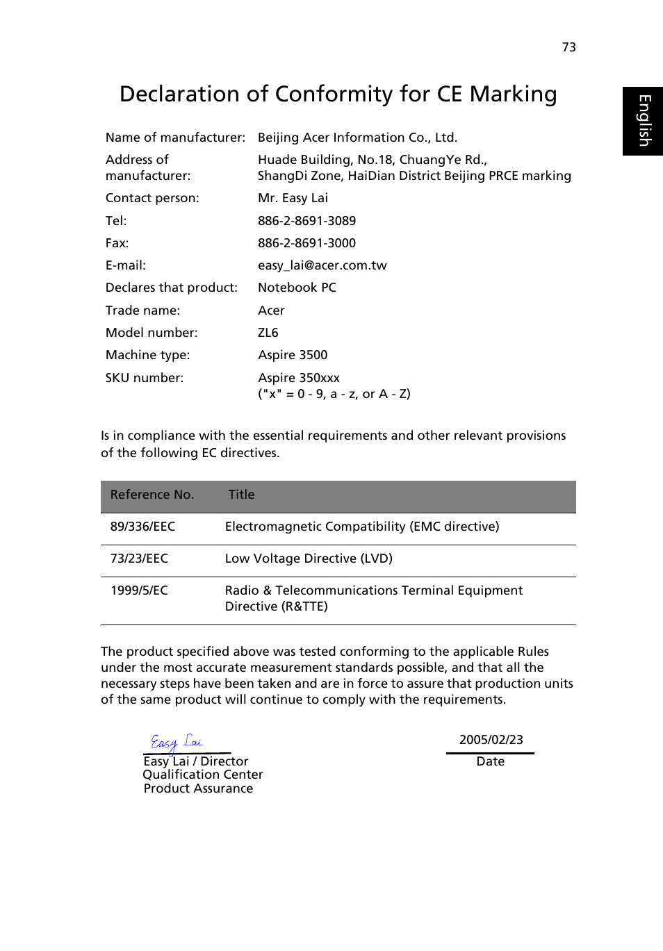Declaration of conformity for ce marking, Eng lish eng lis h | Acer Aspire 3500 User Manual | Page 81 / 84
