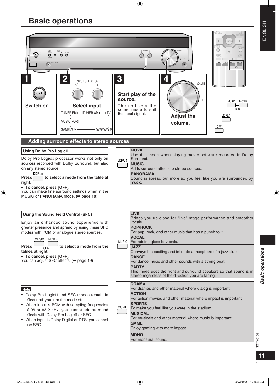 Basic operations, Switch on. select input. start play of the source, Adjust the volume | Adding surround effects to stereo sources, English | Panasonic SAHE40 User Manual | Page 11 / 68