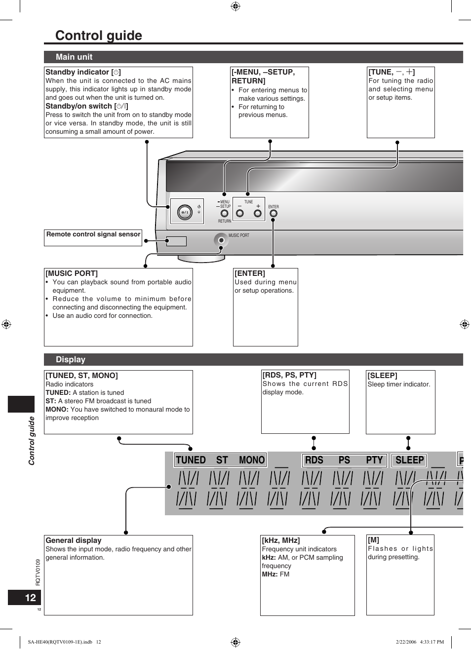 Control guide, Digital input digital dts pl 2ch mix sfc, C.focus | Tuned mono sleep pty ps rds pcm st khz mhz | Panasonic SAHE40 User Manual | Page 12 / 68