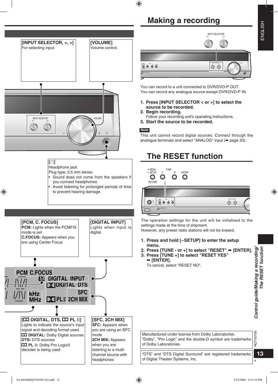 Making a recording, The reset function, Digital input digital dts pl 2ch mix sfc | C.focus, Tuned mono sleep pty ps rds pcm st khz mhz | Panasonic SAHE40 User Manual | Page 13 / 68