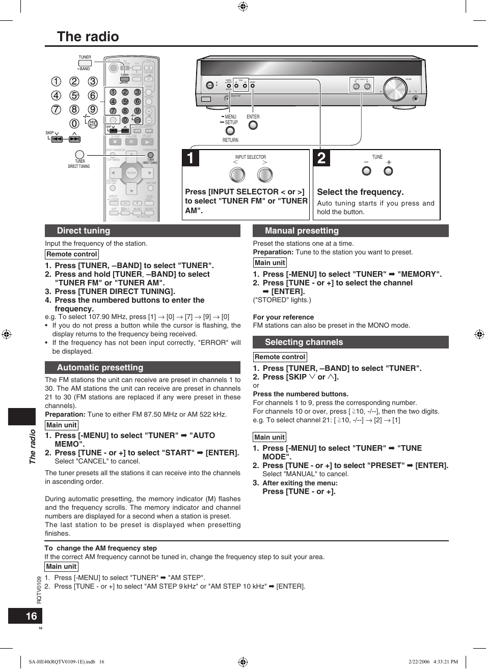 The radio, Select the frequency, Direct tuning | Automatic presetting, Manual presetting, Selecting channels, Press [tune - or | Panasonic SAHE40 User Manual | Page 16 / 68