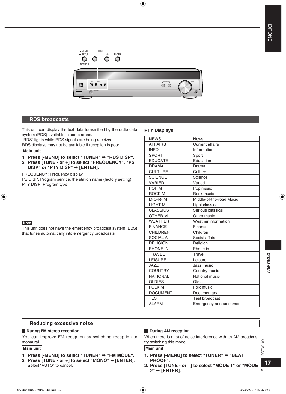 Rds broadcasts, Reducing excessive noise | Panasonic SAHE40 User Manual | Page 17 / 68